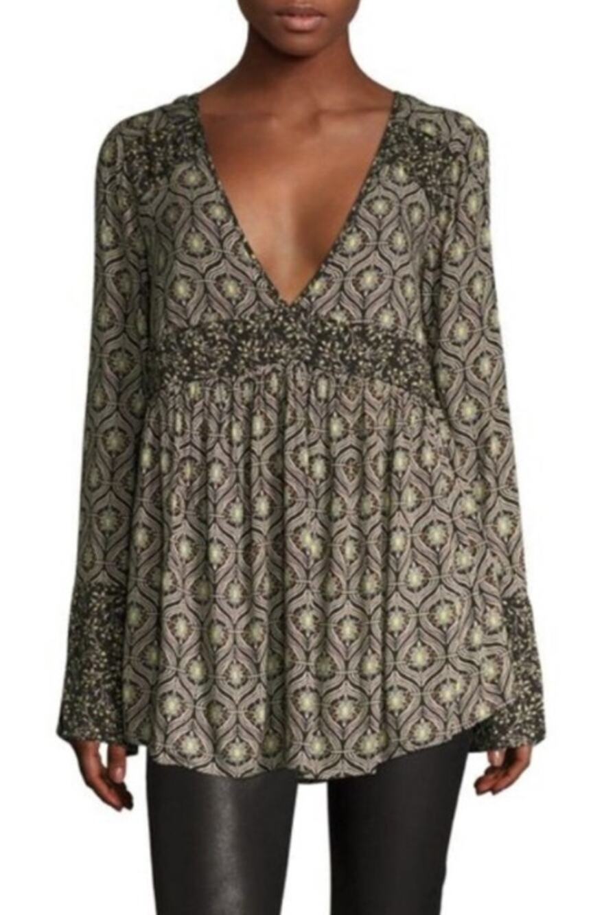 Free People ROLLING HILLS Long Sleeve Flowy Floral Babydoll Tunic Top M $108